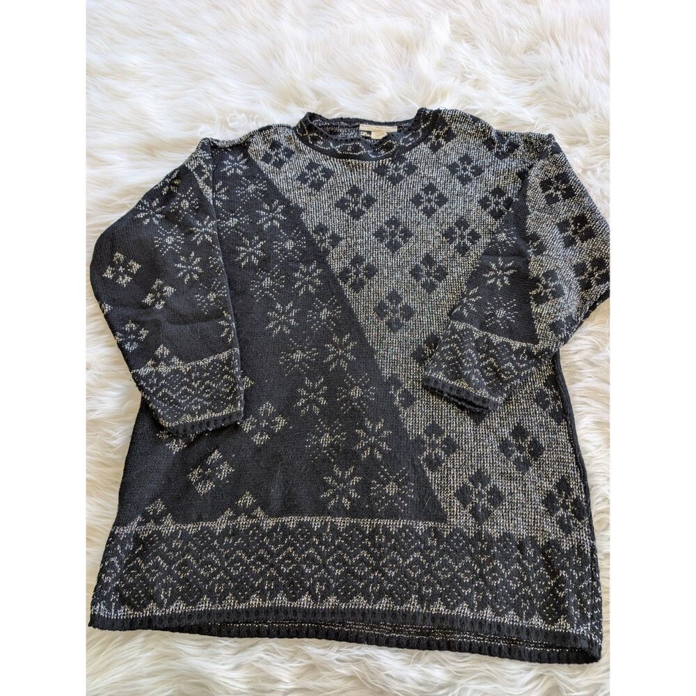 Vintage Dana Scott1980s–1990s Black & Silver Metallic Geometric Pullover Sweater
